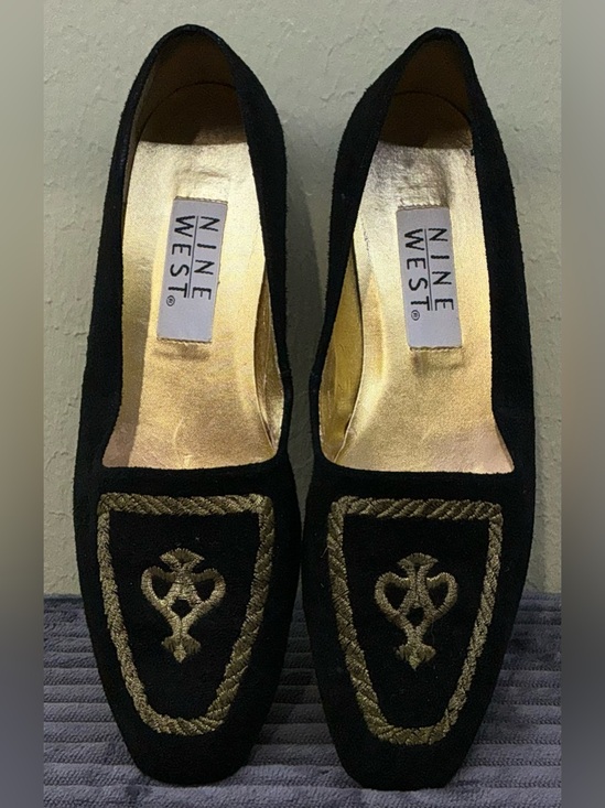 Nine West Shoes - Vintage Nine West Black Suede Loafers Gold Embroidered Crest Shield Flats 7N